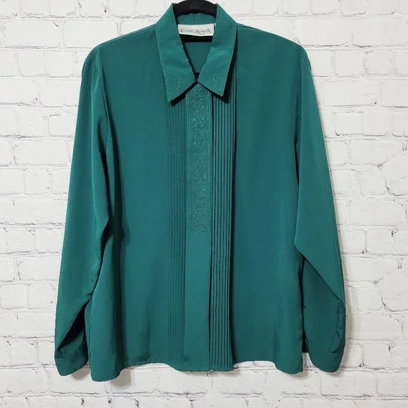 Claudia Richard Green Embroidered Button Front Blouse 10 - Picture 1 of 7